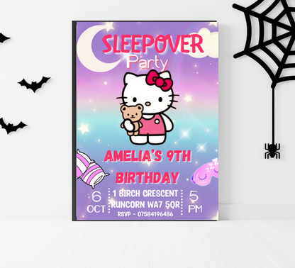 Hello Kitty Purple Slumber Party Invitation | Editable Girls Sleepover Invite | Kawaii Nighttime Sleepover Birthday Invitation | Printable Template