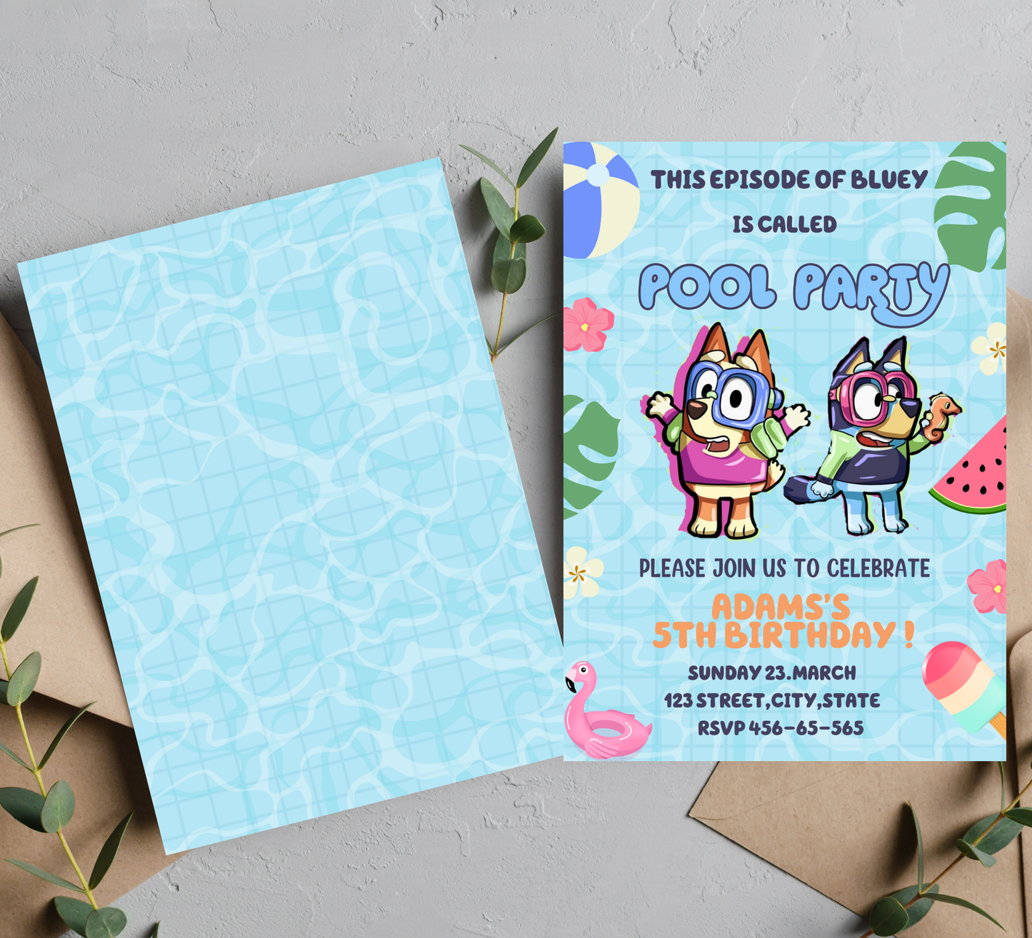 Bluey Pool Birthday Invitation | Summer Swim Party Invite | Editable Canva Template