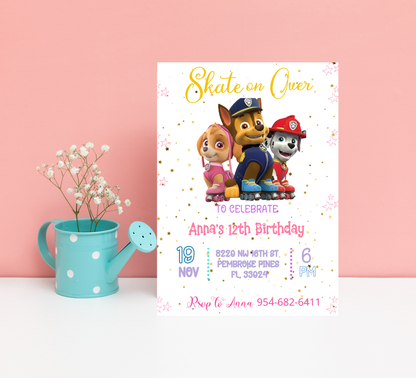 PAW Patrol Roller Skating Birthday Invitation 🛼🐾 | Skye Everest Marshall Party | Editable Canva Template