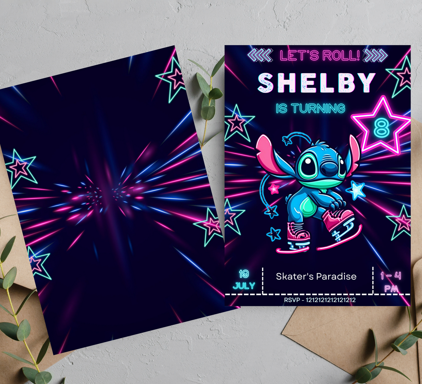 Stitch Ice Skating Winter Neon Birthday Invitation | Editable Canva Template | Glow Party Kids Birthday Invite | Printable Winter Birthday Invitation