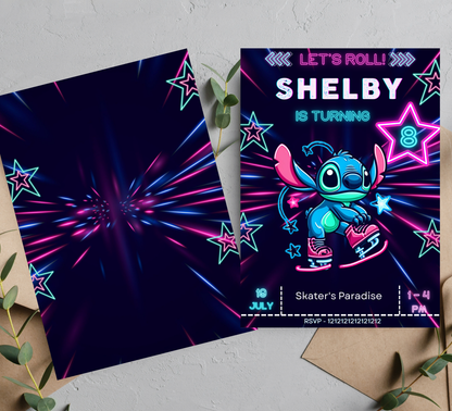 Stitch Ice Skating Winter Neon Birthday Invitation | Editable Canva Template | Glow Party Kids Birthday Invite | Printable Winter Birthday Invitation