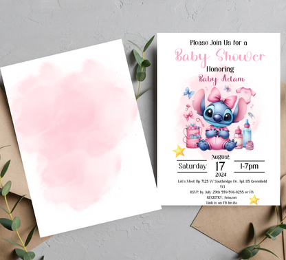 Pink Stitch Watercolor Baby Shower Invitation | Cute Girl Baby Shower | Editable Template
