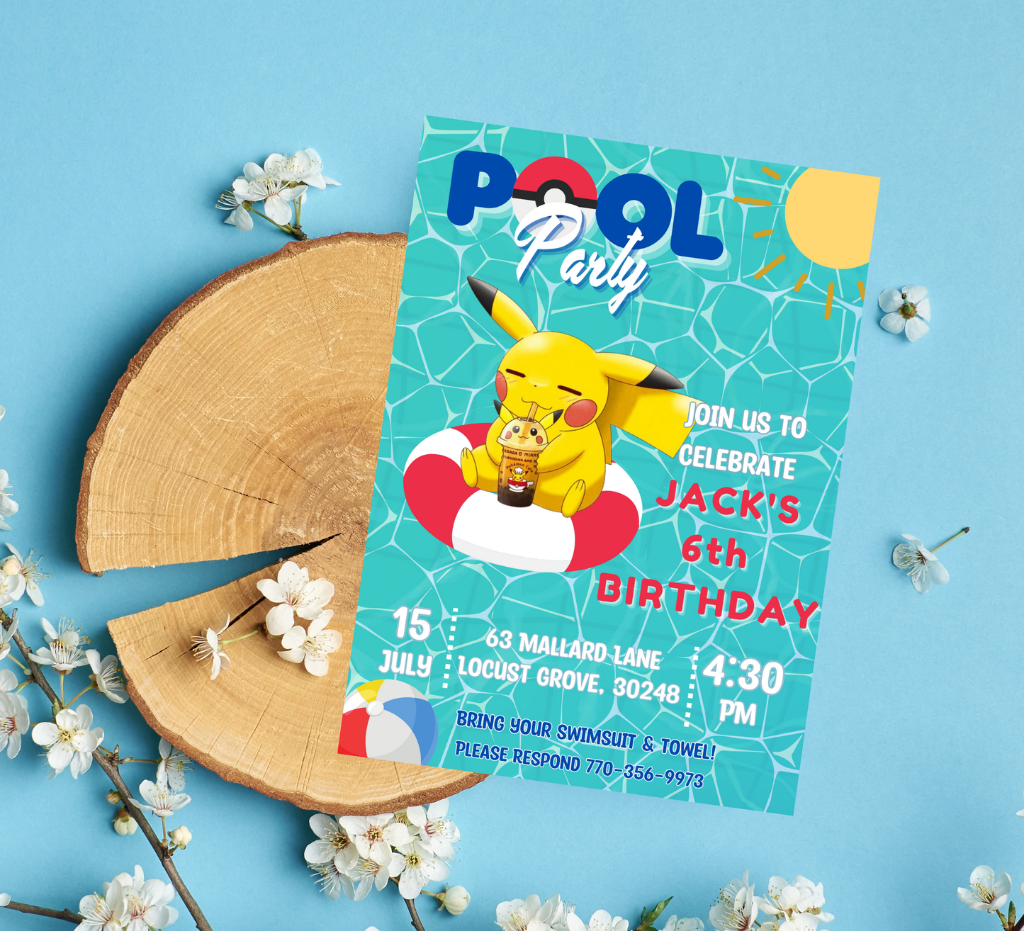 Pikachu Pool Pokémon Birthday Invitation | Summer Swim Party | Editable Canva Template