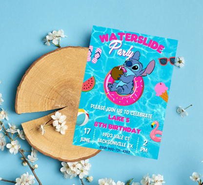Stitch Waterslide Pool Birthday Invitation | Summer Swim Party | Editable Canva Template