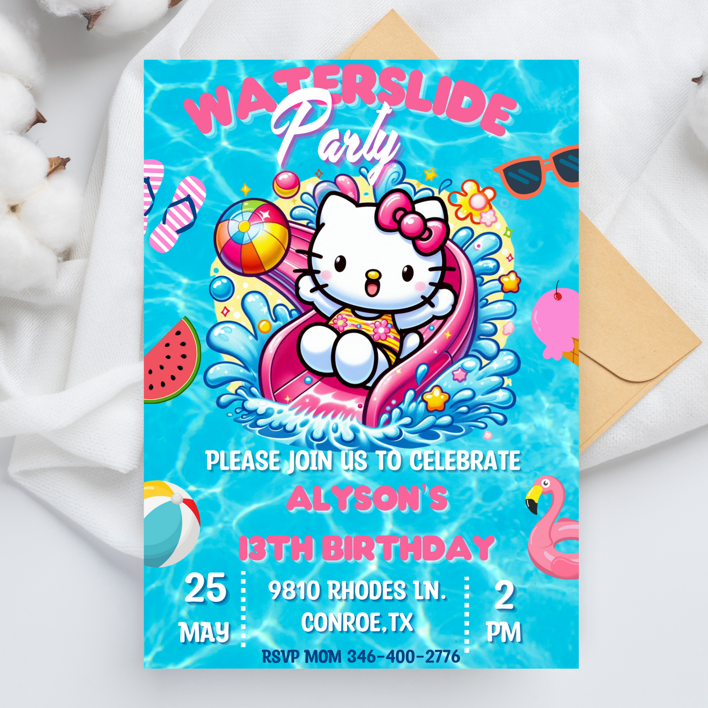 Hello Kitty Pool Waterslide Invitation | Editable Canva Template | Kawaii Summer Slide & Splash Birthday Invite | Printable Girls Party Invitation