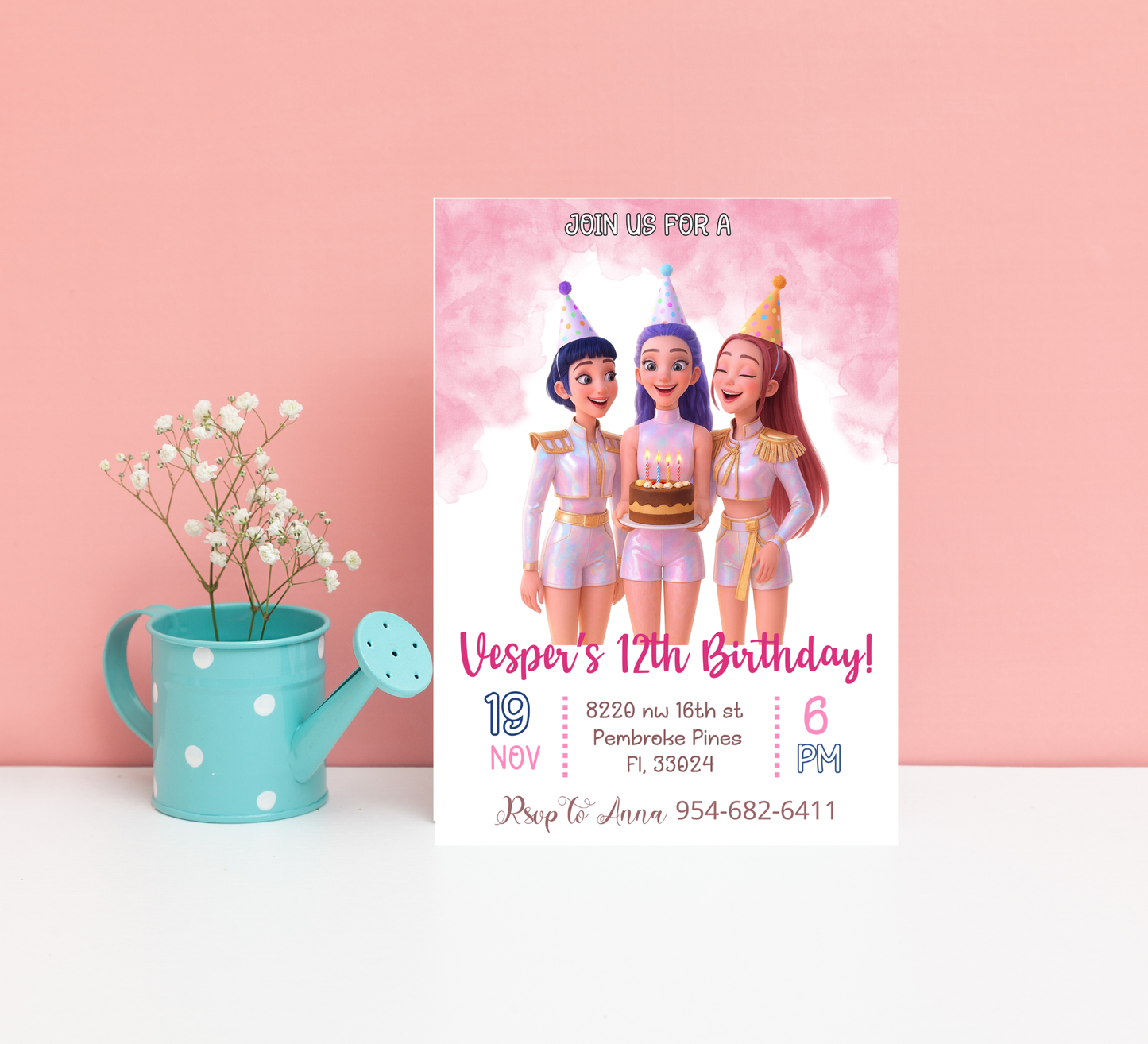 K-Pop Demon Hunters Birthday Invitation | Rumi Mira Zoye Anime Invite | Editable Canva Template | Kawaii Cyber Pop Party
