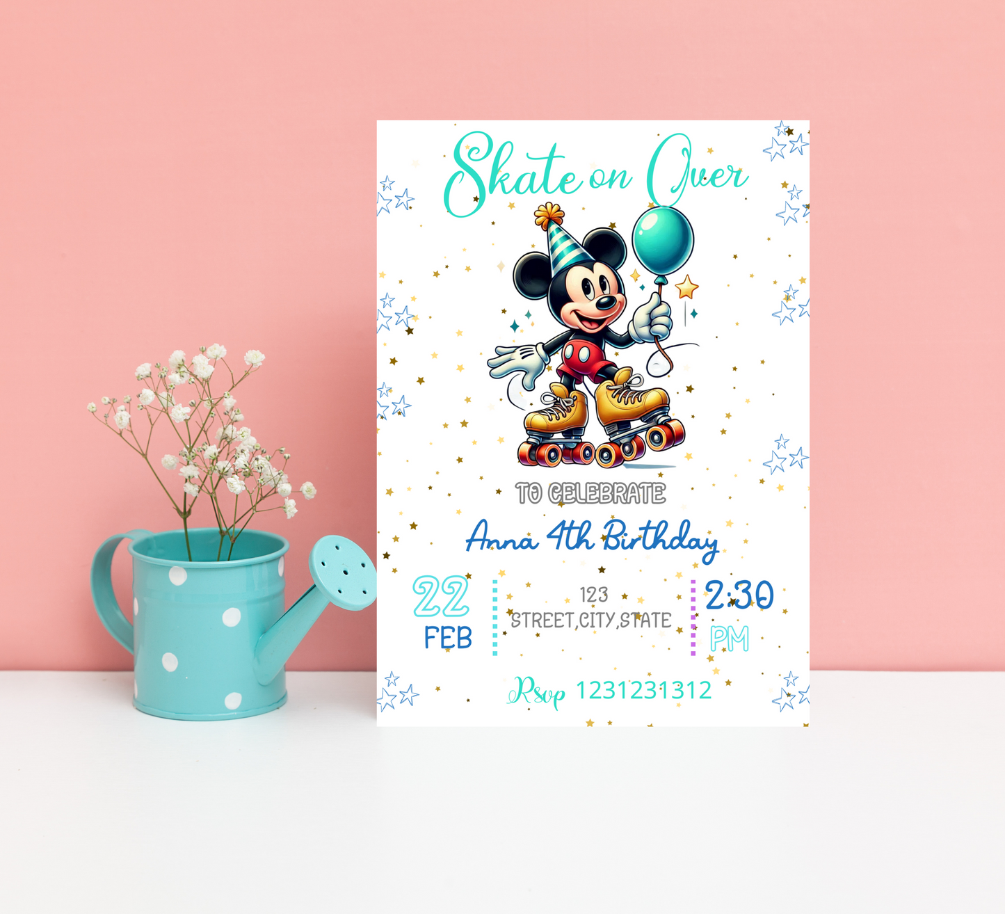 Mickey Mouse Roller Skating Birthday Invitation | Retro Skating Party | Editable Canva Template | Printable Kids Birthday Invite