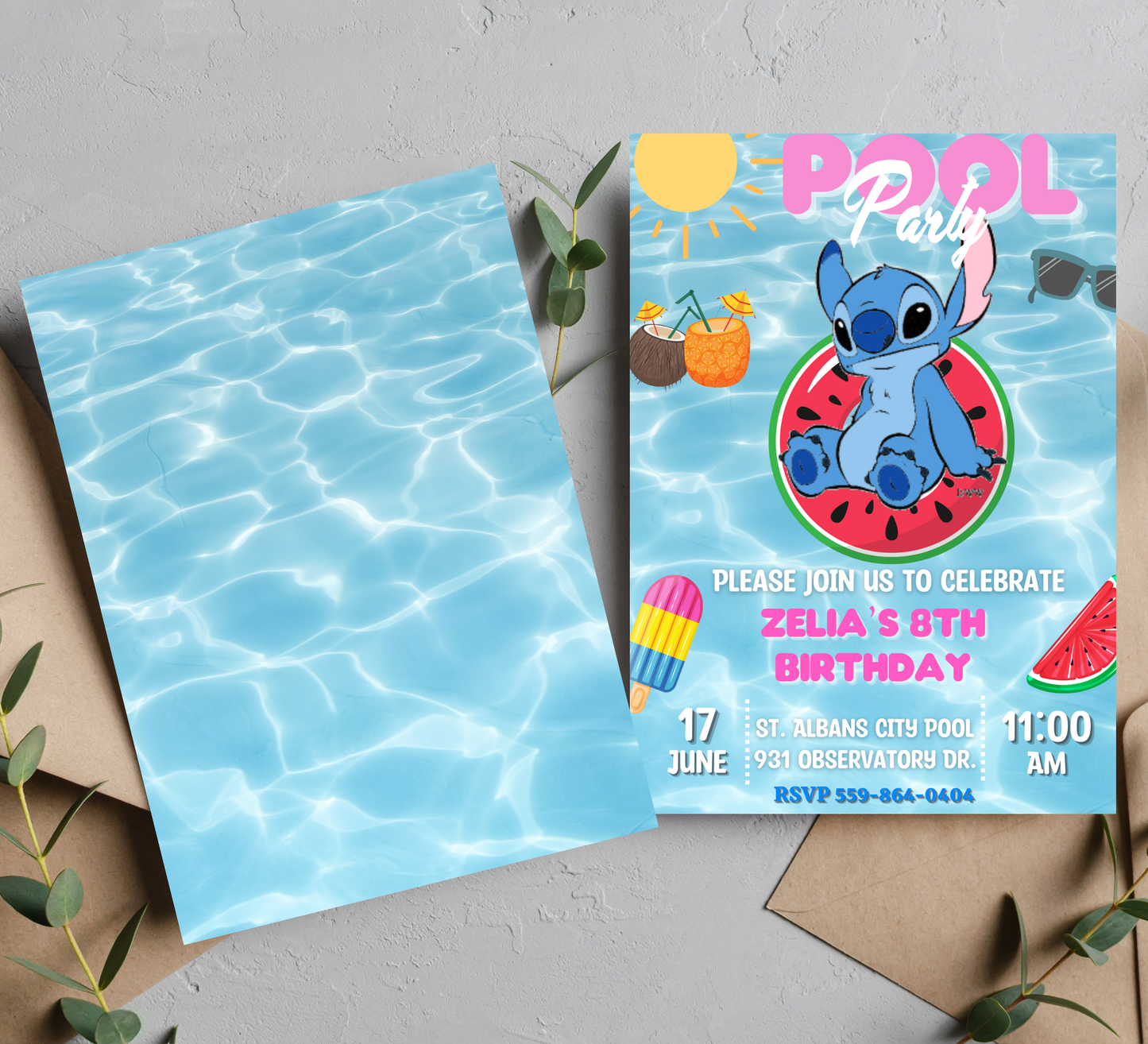 Stitch Pool Birthday Invitation | Summer Swim Party Invite | Editable Canva Template
