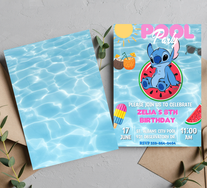 Stitch Pool Birthday Invitation | Summer Swim Party Invite | Editable Canva Template