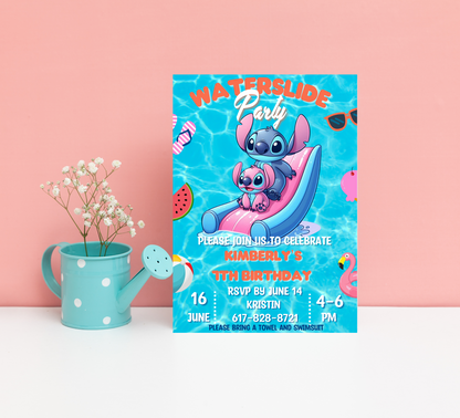 Stitch & Angel Pool Party Birthday Invitation | Editable Canva Template | Kawaii Waterslide Summer Invite | Printable Kids Birthday Invitation
