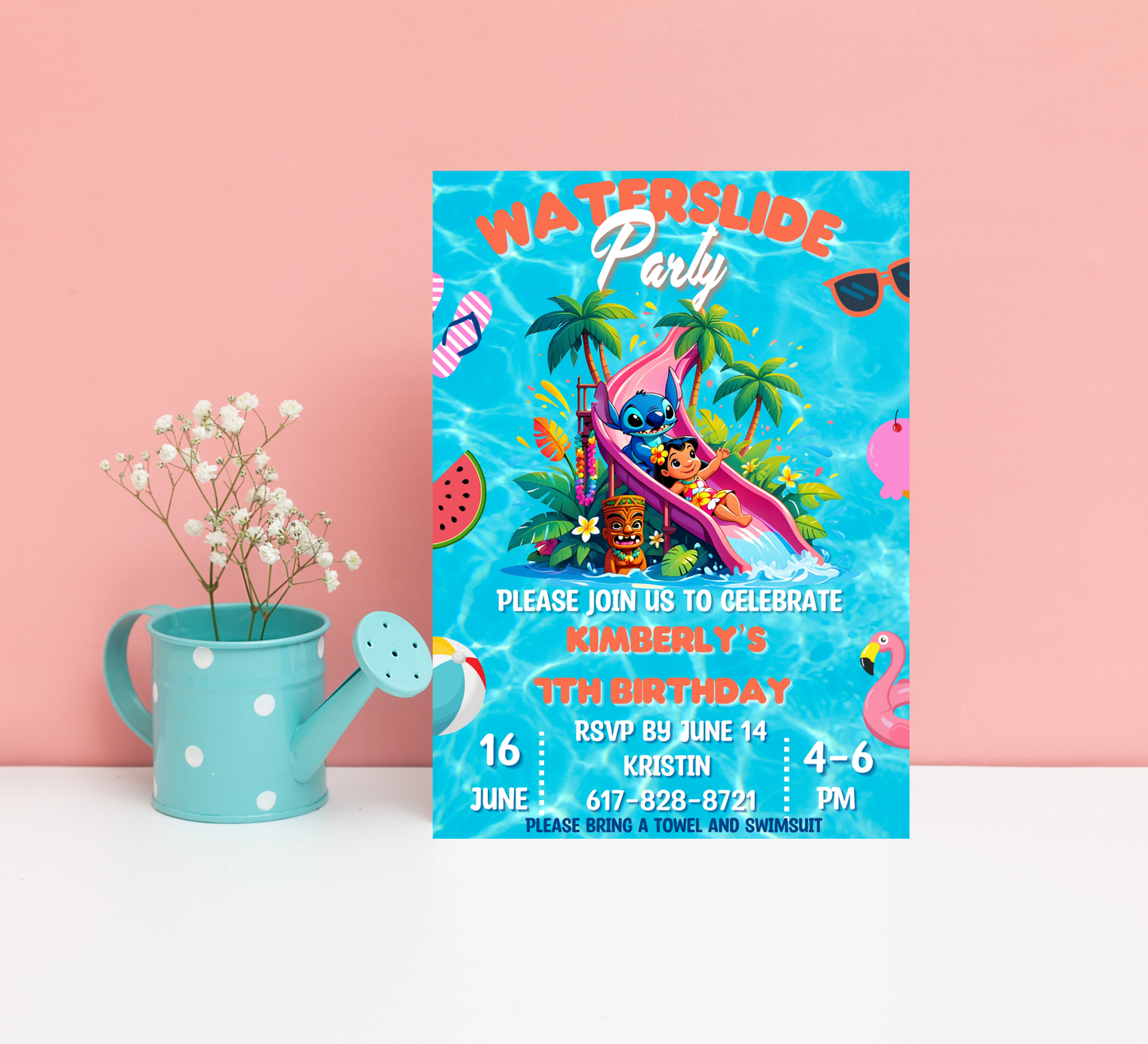 Stitch & Lilo Tropical Waterslide Birthday Invitation | Hawaiian Pool Party Invite | Editable Canva Template | Aloha Summer Birthday Printable