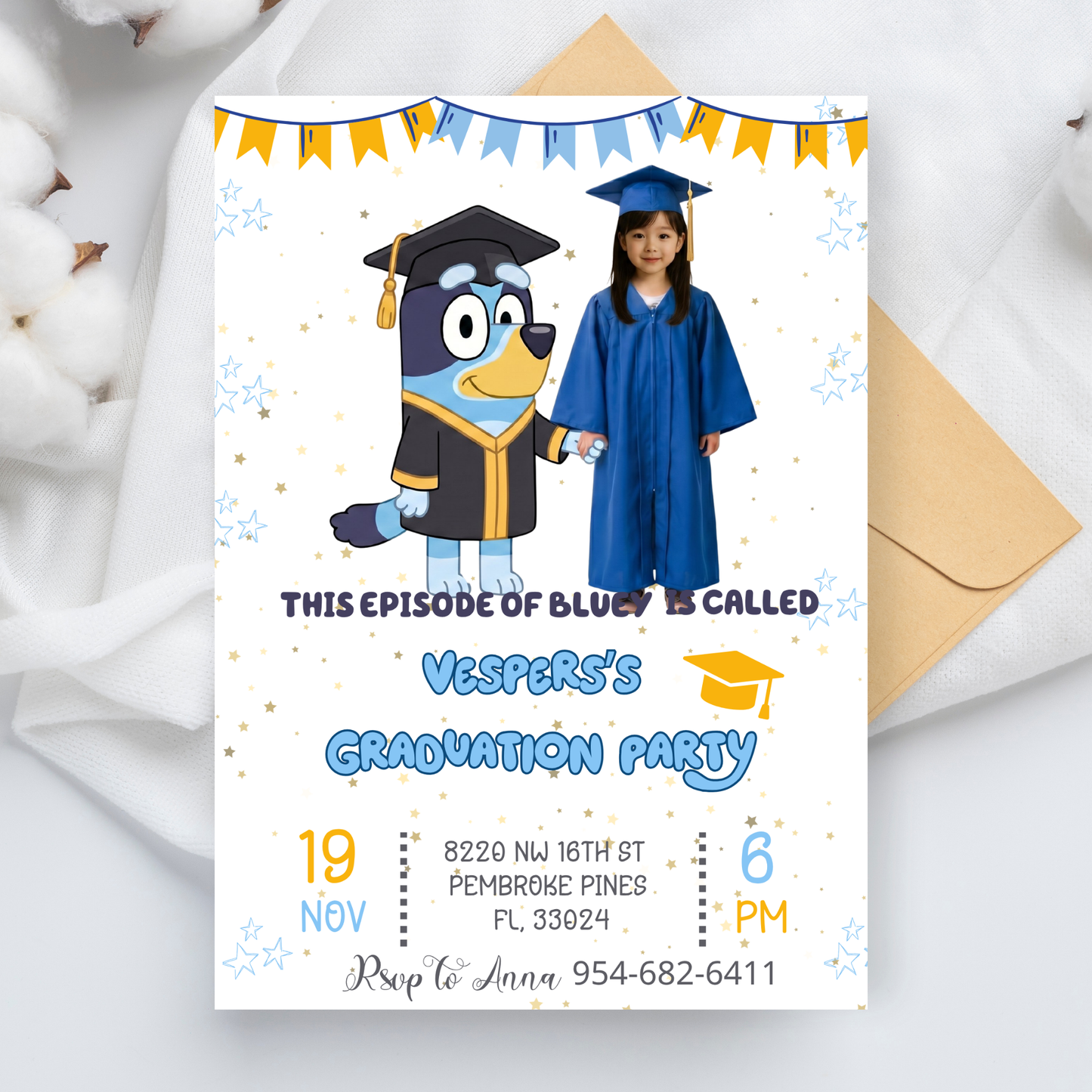 Bluey Kindergarten Graduation Invite with Photo | Cute School Milestone Canva Template 🎓🐾✨ – Kids Summer Splash Birthday Printable (Copy)