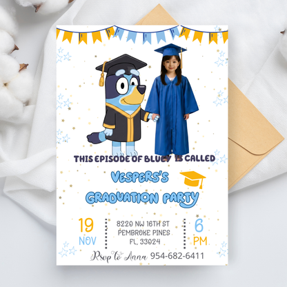 Bluey Kindergarten Graduation Invite with Photo | Cute School Milestone Canva Template 🎓🐾✨ – Kids Summer Splash Birthday Printable (Copy)