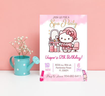 Hello Kitty Spa Sleepover Birthday Invitation | Editable Canva Template | Kawaii Slumber & Spa Party Invite | Printable Kids Birthday