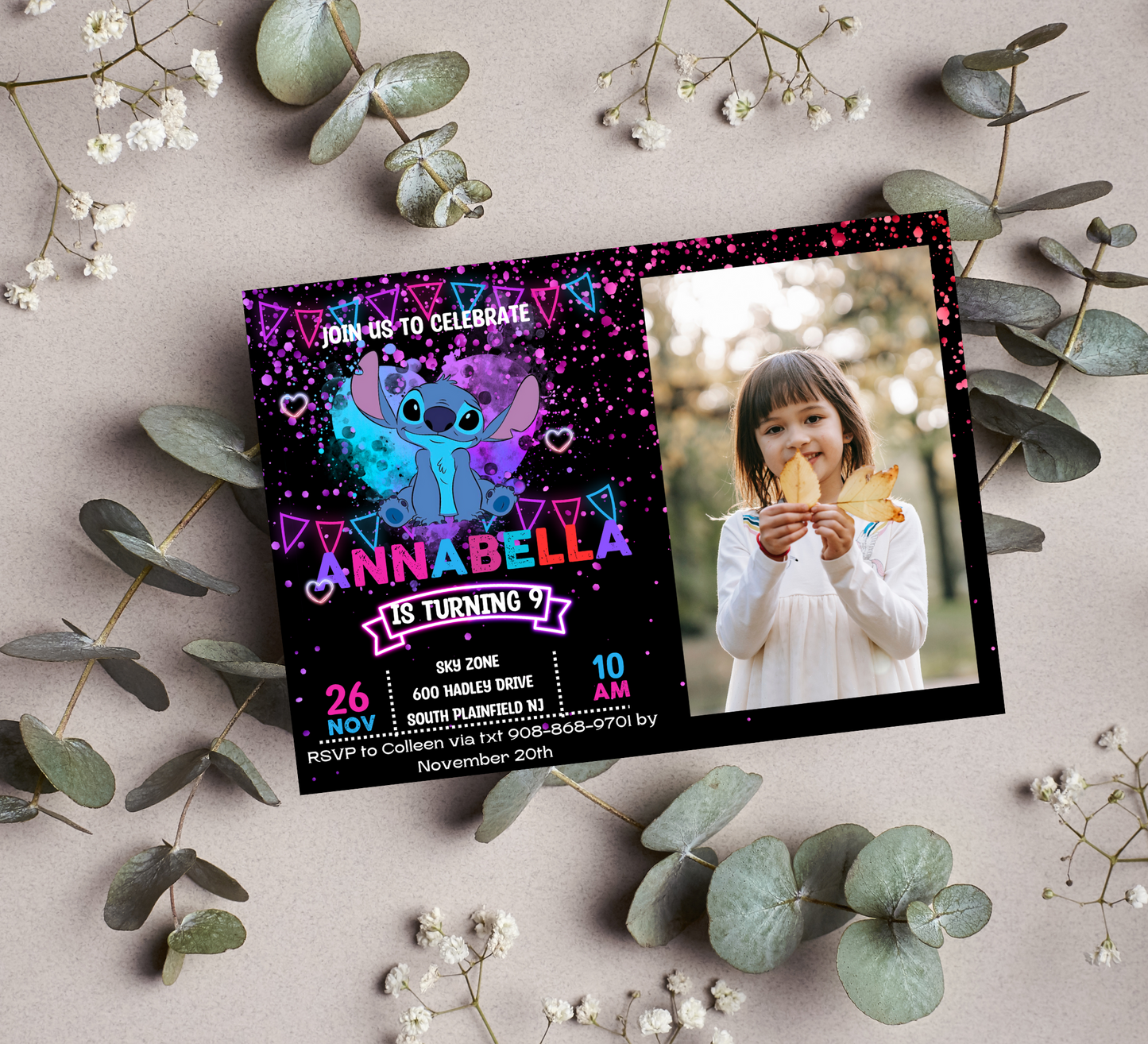 Stitch Neon Birthday Invitation with Photos | Editable Canva Template | Glow Party Invite | Printable Kids Birthday Invitation