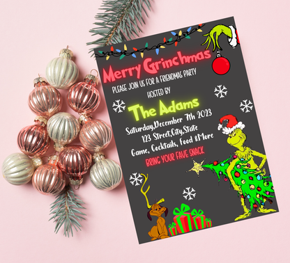 Grinch Merry Grinchmas Neon Party Invitation | Bright Christmas Invite | Editable Template