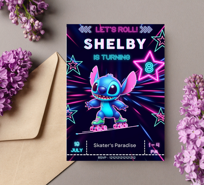 Stitch Neon Roller Skating Birthday Invitation | Editable Canva Template | Kawaii Glow Party Invite | Printable Kids Birthday Invitation