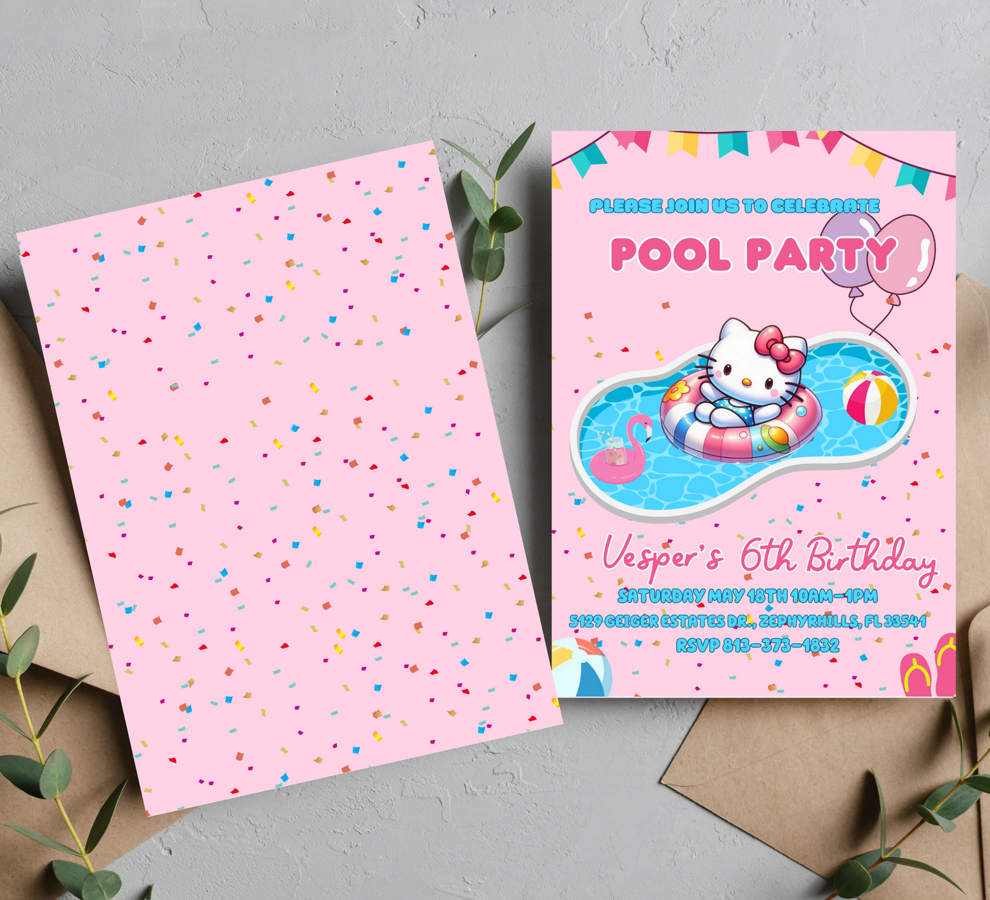 Hello Kitty Pink Pool Party Birthday Invitation | Kawaii Summer Swim Invite | Editable Canva Template | Cute Printable Birthday Invitation