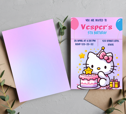 Hello Kitty Purple Birthday Invitation | Editable Canva Template | Kawaii Girls Birthday Party Invite | Printable Cute Birthday Invitation
