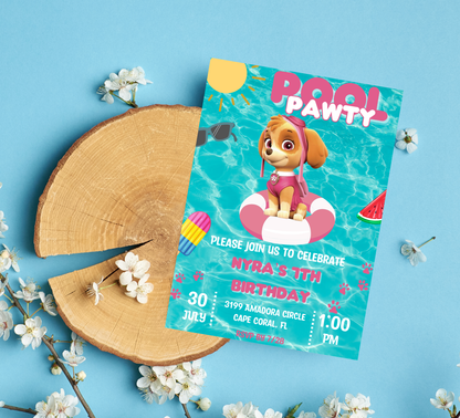 PAW Patrol Skye Pool Birthday Invitation | Pink Summer Splash Party | Editable Digital Template
