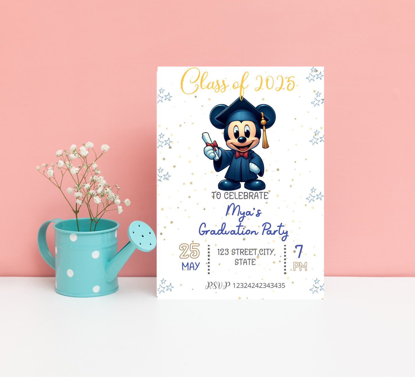 Mickey Mouse Blue Graduation Invitation | School & Kindergarten Template Editable Canva Template | Pink Minnie Party Printable