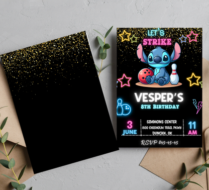 Stitch Neon Bowling Invitation – Editable Canva Template-Glow-in-the-Dark Stitch Birthday – Electric Blue & Neon Pink Strike Invite