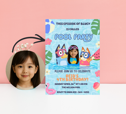 Bluey Personal Photo Pool Birthday Invitation – Editable Canva Template – Add Your Child’s Photo! – Custom Bluey & Bingo Swim Party Invite – Kids Summer Splash Birthday Printable