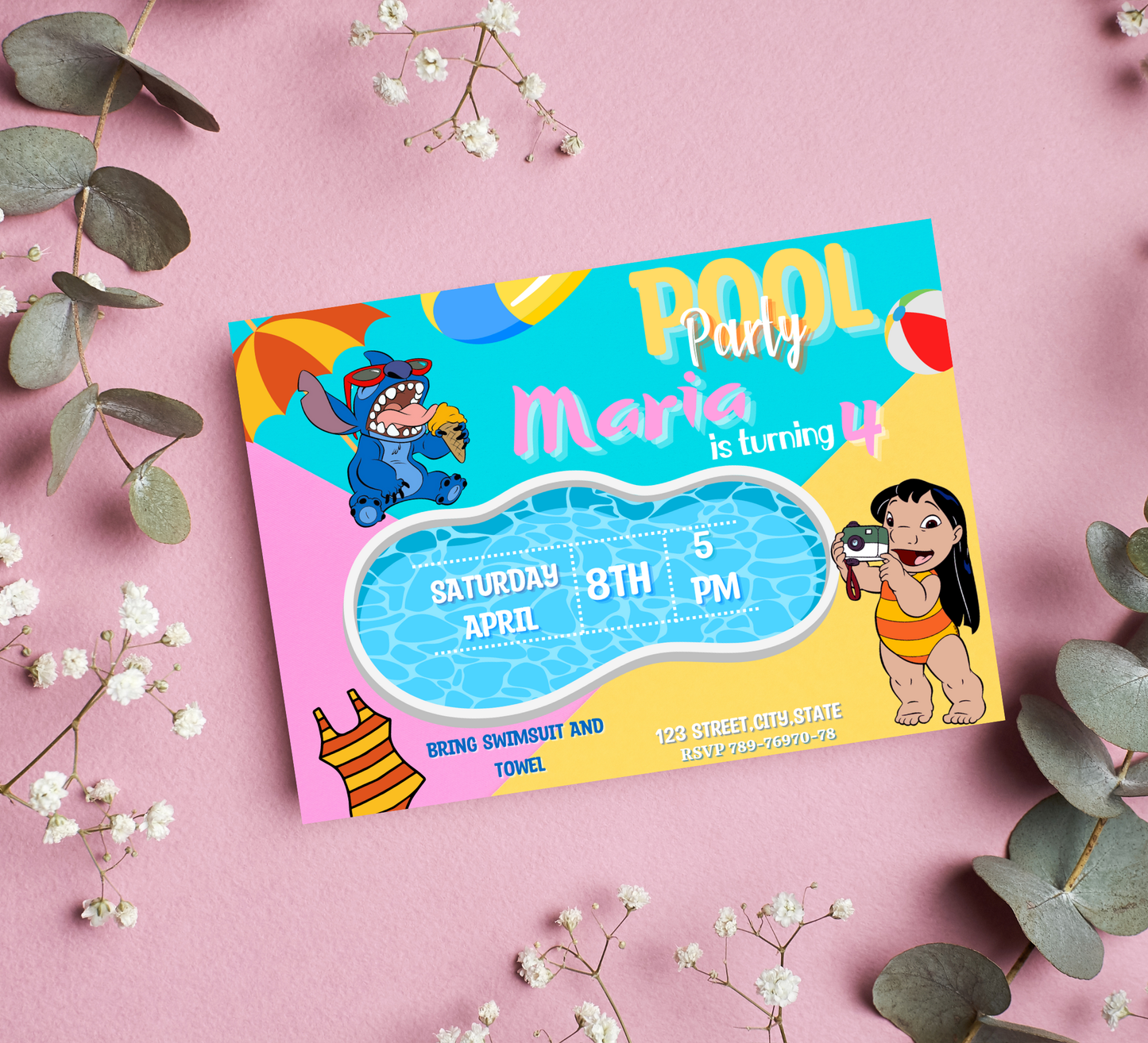 Stitch & Lilo Pool Birthday Invitation | Tropical Summer Party | Editable Digital Invite