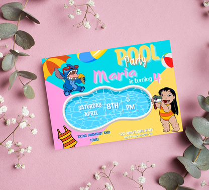 Stitch & Lilo Pool Birthday Invitation | Tropical Summer Party | Editable Digital Invite