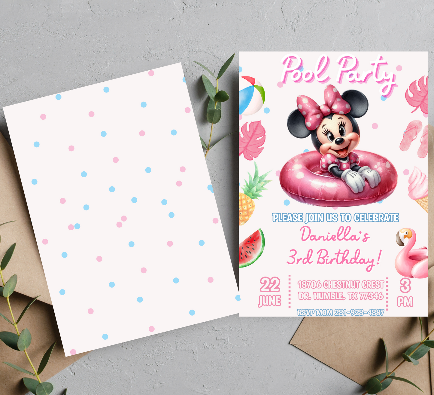 Minnie Mouse Pink Pool Birthday Invitation | Cute Summer Swim Party Invite | Editable Canva Template | Printable Girl Birthday Invitation