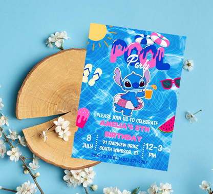 Stitch Pool Blue Birthday Invitation | Tropical Summer Pool Party | Editable Digital Invite