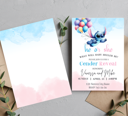 Stitch With Balloons Gender Reveal Invitation | Cute Baby Reveal Party | Editable Canva Template