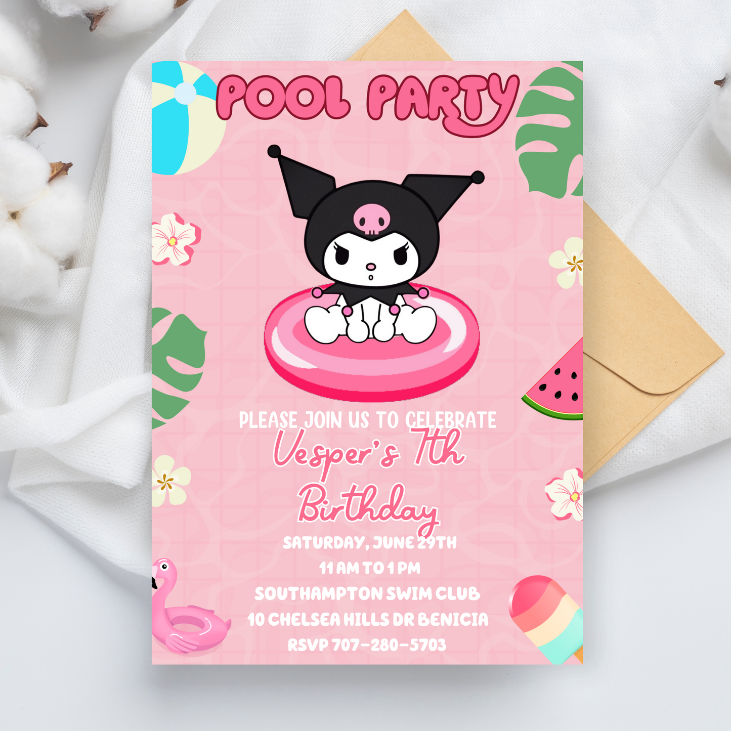 Kuromi Kawaii Pink Pool Birthday Invitation | Cute Summer Swim Party | Editable Canva Template | Pastel Goth Pool Printable