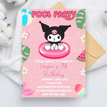 Kuromi Kawaii Pink Pool Birthday Invitation | Cute Summer Swim Party | Editable Canva Template | Pastel Goth Pool Printable