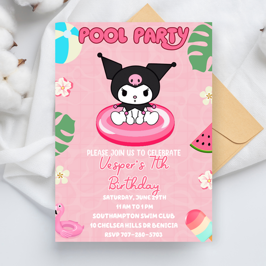 Kuromi Kawaii Pink Pool Birthday Invitation | Cute Summer Swim Party | Editable Canva Template | Pastel Goth Pool Printable
