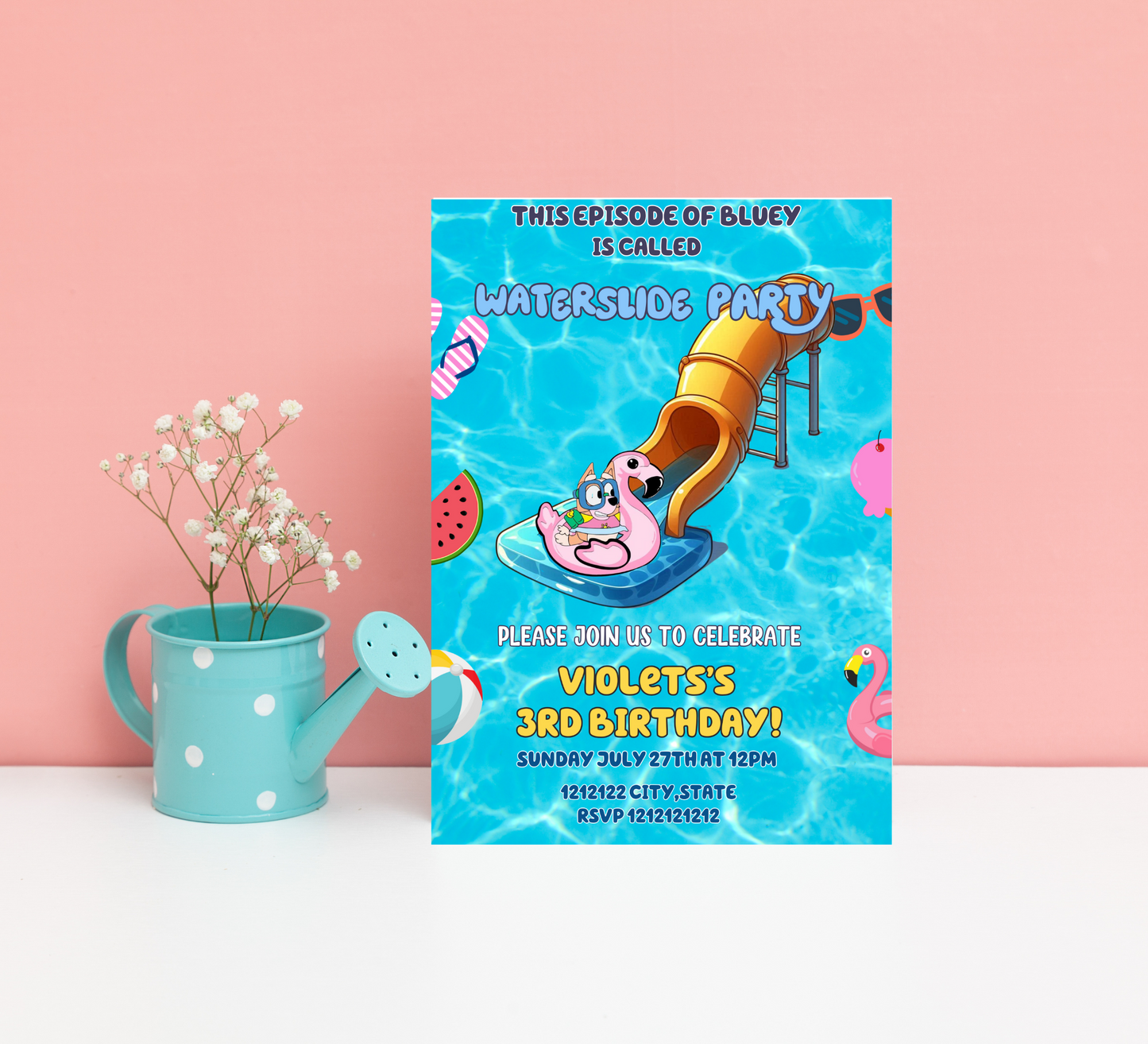 Bluey Waterslide Pool Birthday Invitation | Editable Canva Template | Bluey Swim Party Invite | Printable Kids Summer Birthday