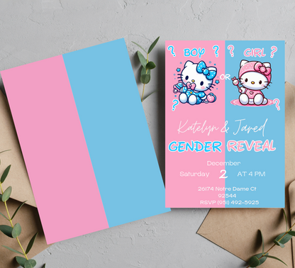 Hello Kitty Gender Reveal Invitation Pink and Blue | Editable Baby Shower Invite | Cute & Customizable Hello Kitty Theme Template