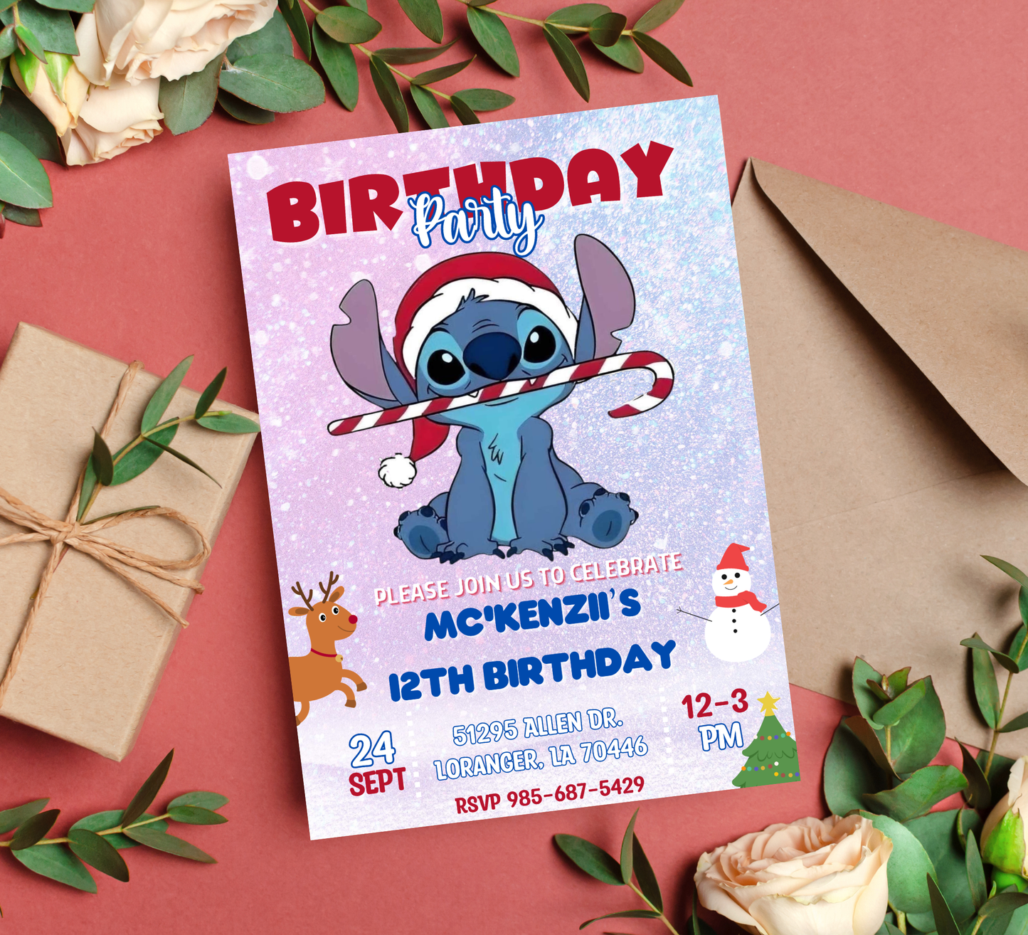 Stitch Christmas Winter Birthday Invitation | Cute Holiday Party Invite | Editable Template
