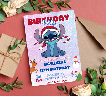 Stitch Christmas Winter Birthday Invitation | Cute Holiday Party Invite | Editable Template