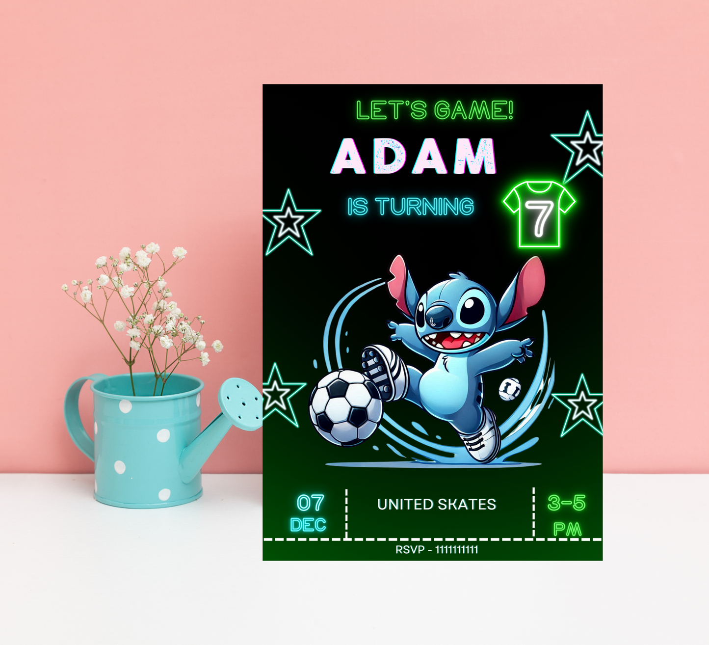 Stitch Neon Football Birthday Invitation | Editable Canva Template | Kawaii Sports Party Invite | Printable Kids Birthday Invitation