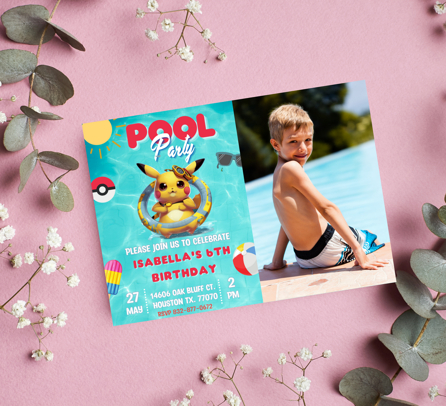 Pikachu Winter Birthday Invite | Pokémon Christmas Photo Canva Template ⚡️❄️📸