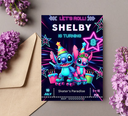 Stitch & Angel Neon Roller Skating Invitation | Glow in the Dark Skating Party | Editable Canva Template | Cyber Neon Birthday Invite