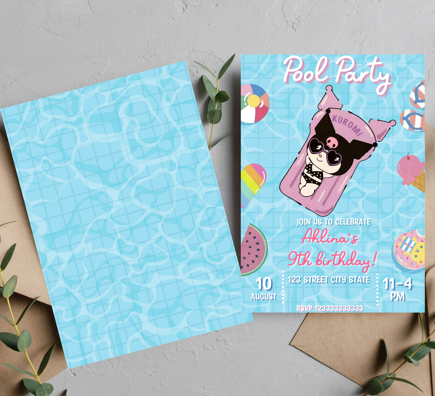 Kuromi Pool Birthday Invitation | Kawaii Sanrio Summer Party Invite | Editable Canva Template | Pink & Purple Pool Party Printable