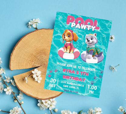 Paw Patrol Skye & Everest Pool Birthday Invitation | Girl Swim Party Invite | Editable Canva Template | Printable Summer Birthday Invitation