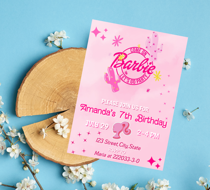 Barbie Pink Cowboy Birthday Invitation | Cowgirl Rodeo Party | Pink Western Invite | Editable Template