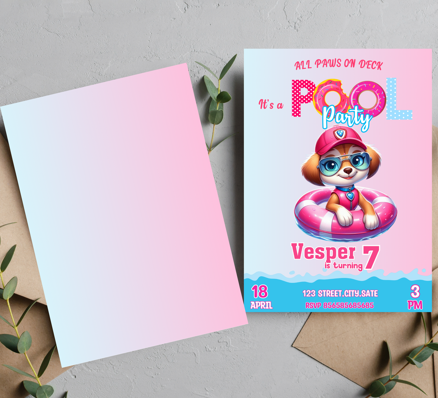 Skye PAW Patrol Pool Birthday Invitation | Girl's Puppy Pool Party | Editable Canva Template | Skye & Everest Summer Swim Invite | Pink Pup Splash Birthday
