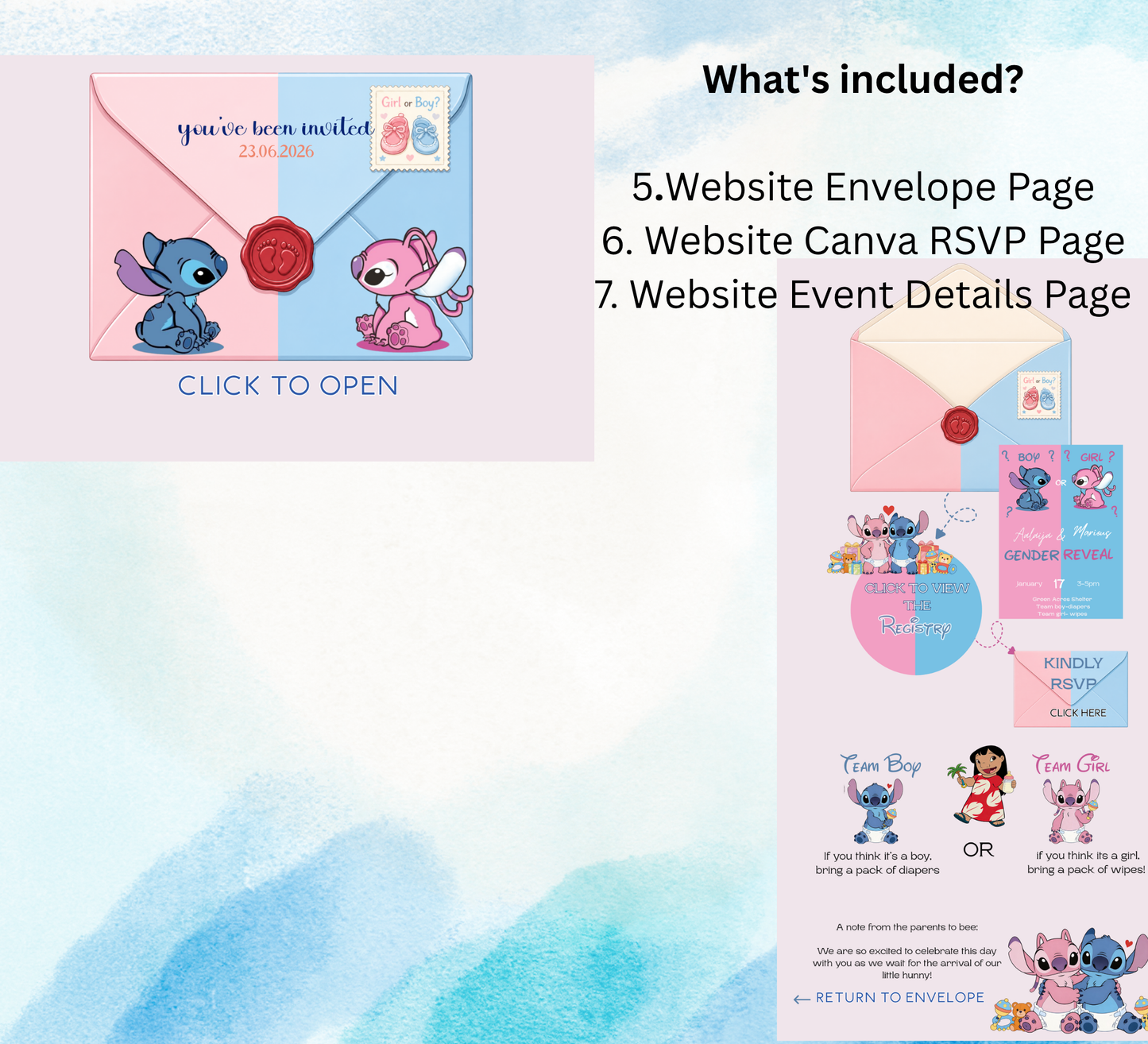 Stitch Gender Reveal Website Template with RSVP | Editable Canva