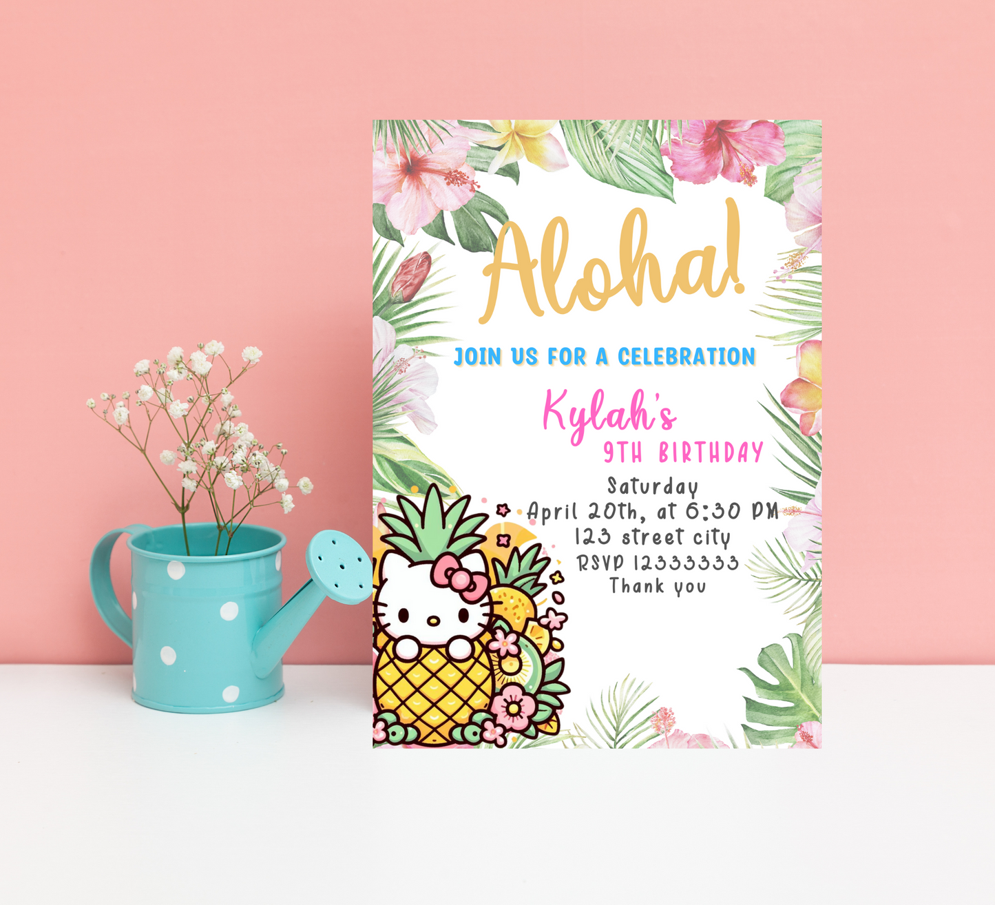 Hello Kitty Aloha Tropical Hawaii Birthday Invitation | Editable Canva Template | Kawaii Luau Party Invite | Printable Girls Birthday Invitation