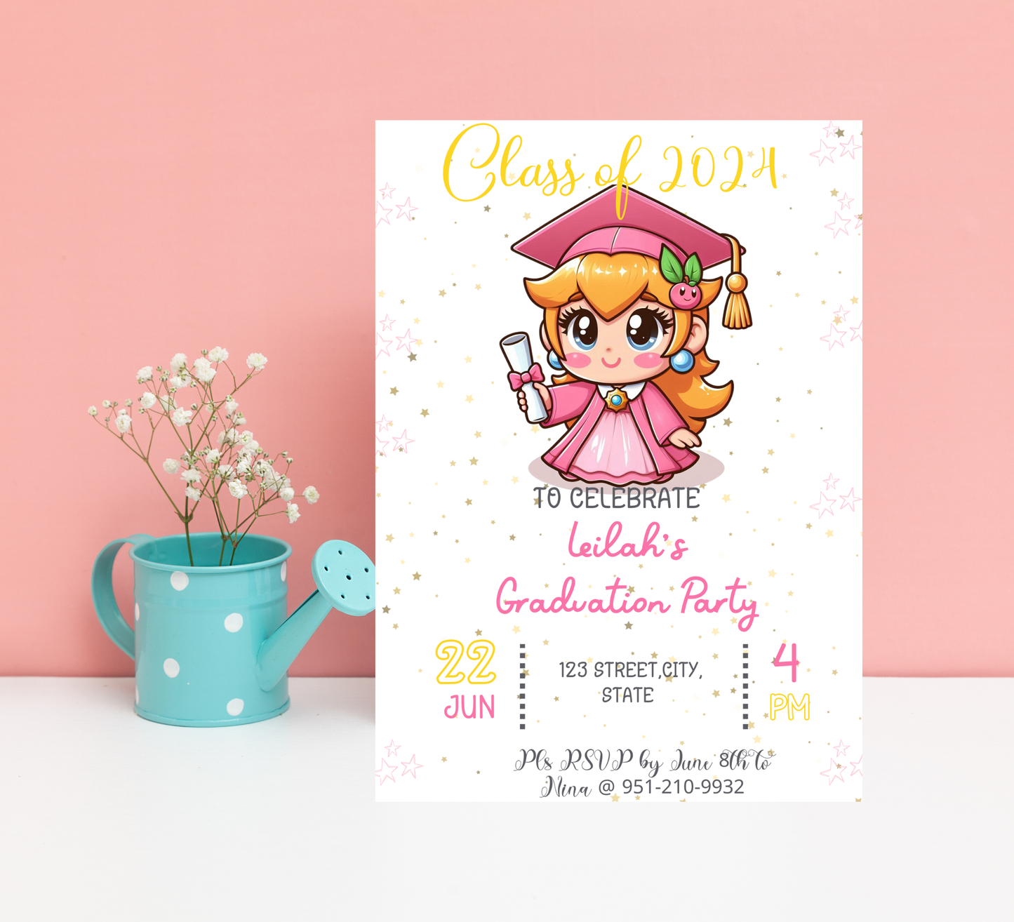 Princess Peach Mario Brothers Graduation Invitation | Kindergarten & School Invite | Editable Canva Template | Level Up