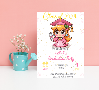 Princess Peach Mario Brothers Graduation Invitation | Kindergarten & School Invite | Editable Canva Template | Level Up